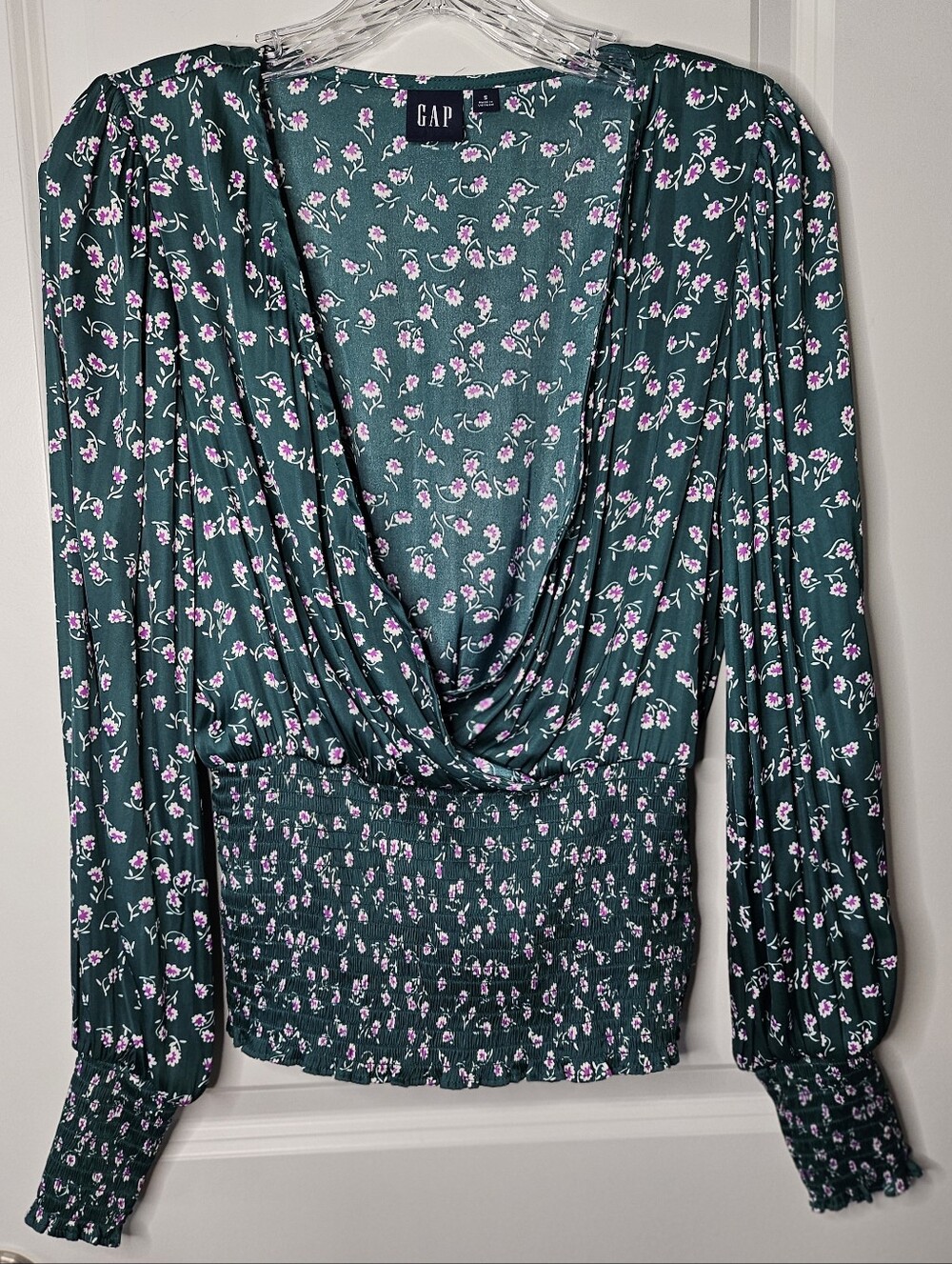 GAP Green Floral Smocked Wrap Blouse Small Cottagecore Boho Puff Sleeve Top - Picture 5 of 16
